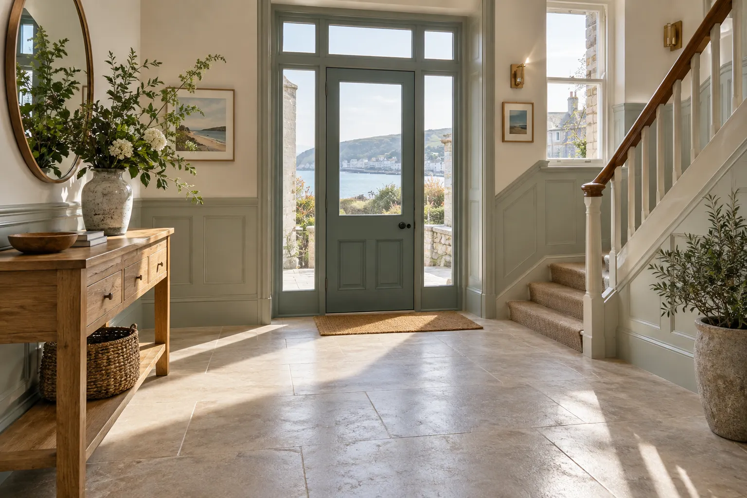 A bright, welcoming entrance hall with clean stone floors — illustrative image